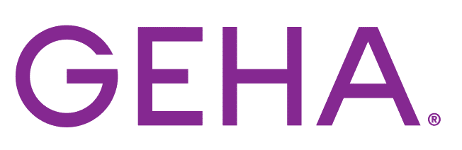 GEHA Logo: Purple text on a gray background. GEHA provides health plans, dental plans, and vision plans.