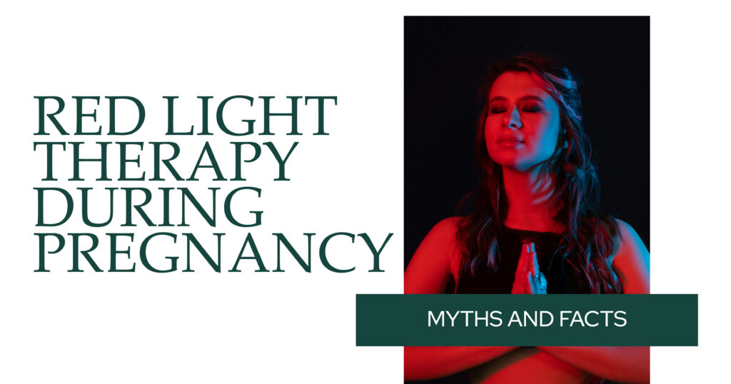 Red light therapy during pregnancy: Myths and facts. Image of a woman in red light with hands in prayer position.
